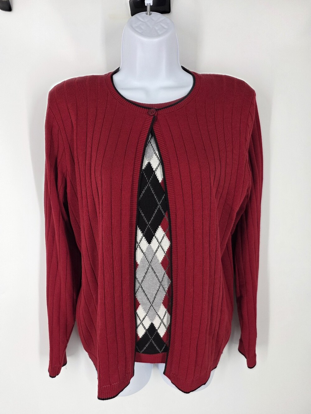 Vintage Alfred Dunner Red Argyle Knit 2-Piece Cardigan Shell Sweater Set Small